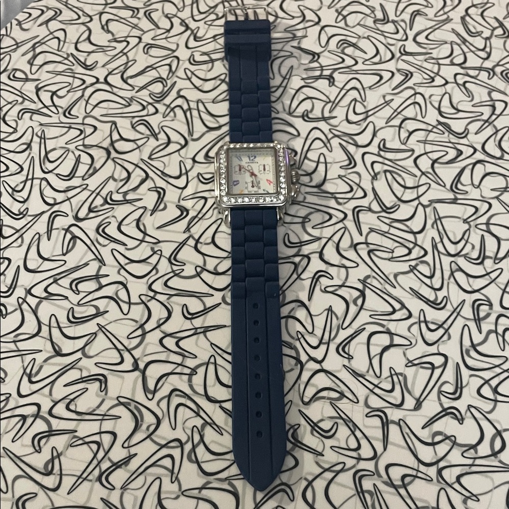 Geneva Women's Blue Silicone Strap Watch with Crystal-Trim Square Face